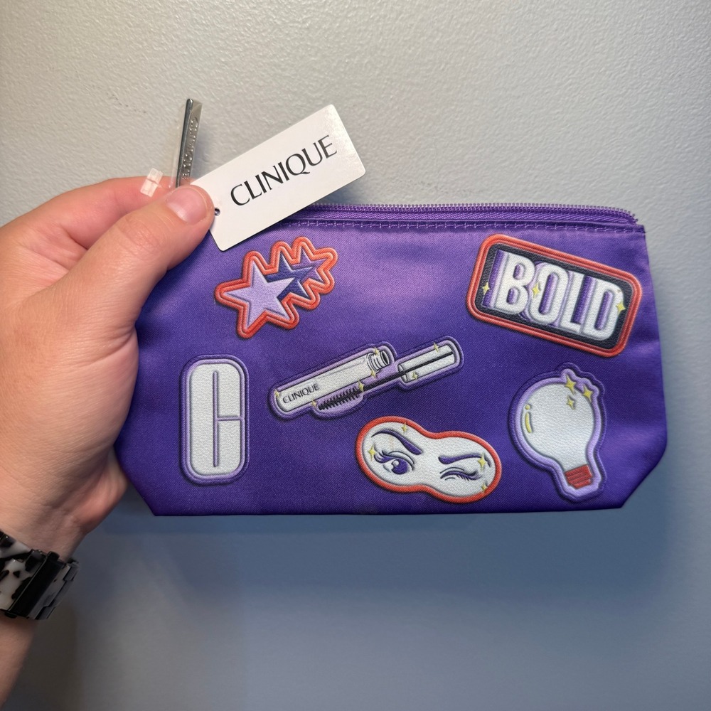 Clinique Purple Satin Makeup Bag Embroidered Patches Zipper Pouch NWT